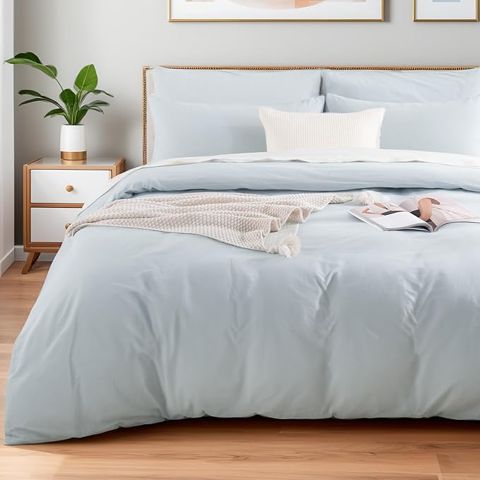 NEXHOME PRO Duvet Cover Set 100% Washed Cotton Kids Twin XL 66"x92", Organic Natural Linen Like Textured 2 Pieces Bedding Set Baby Blue with Zipper Closure & Corner Ties, Breathable(No Comforter)