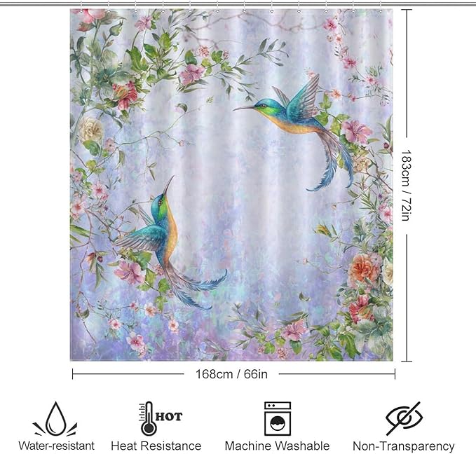 Hummingbird Flower Shower Curtain for Girls,Purple Watercolor Floral Bird Nature Plant Waterproof Shower Curtains for Bathroom Decor 12 Pack Hooks 66x72in（168x183cm）