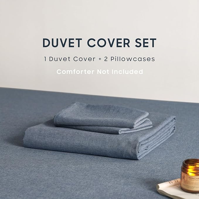 Wake In Cloud - Cotton Duvet Cover Set, 100% Washed Cotton, Linen Like Textured, Breathable Durable Comfy Farmhouse Neutral Bedding Set, 3 Pieces, Denim Blue, Full Size