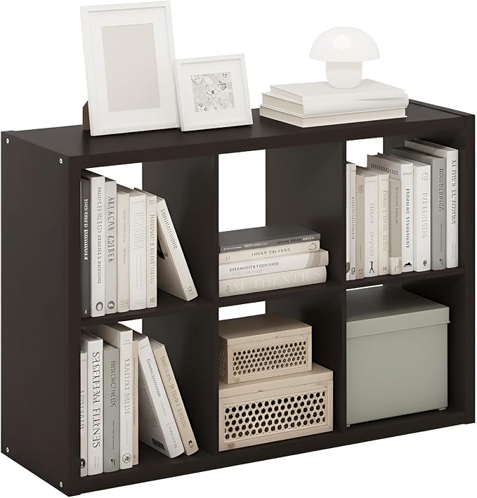 Furinno Cubicle Book Shelf, 6-Cube Bookshelf, Extra Thick Frame Horizontally & Vertically Reversible Bookcase with Open Back, 14.6" x 44" x 30", for Living Room, Bedroom, Home Office, Black Dark Oak