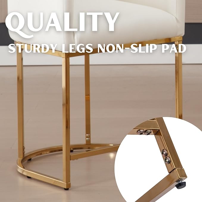 PU Leather Bar Stools Set of 4, Modern Upholstered Counter Height Bar stools 24" Leather Barstools Barrel Kitchen Counter Island Stools with Golden Metal Base, White