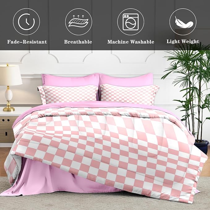 7Pcs Comforter Set Queen Size, Light Pink Checkered Plaid Girly, Bedding Decor Cute Gingham Checkerboard Geometric Bedroom Bed Set Flat Sheet Fitted Sheet Pillowcases Shams for Kids Adults