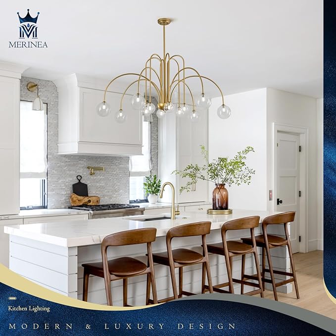 Mid Century Gold Sputnik Chandelier 12 Lights Modern Large L52” Clear Glass Globe Pendant Light Fixture for High Ceiling Foyer Staircase Living Dining Room