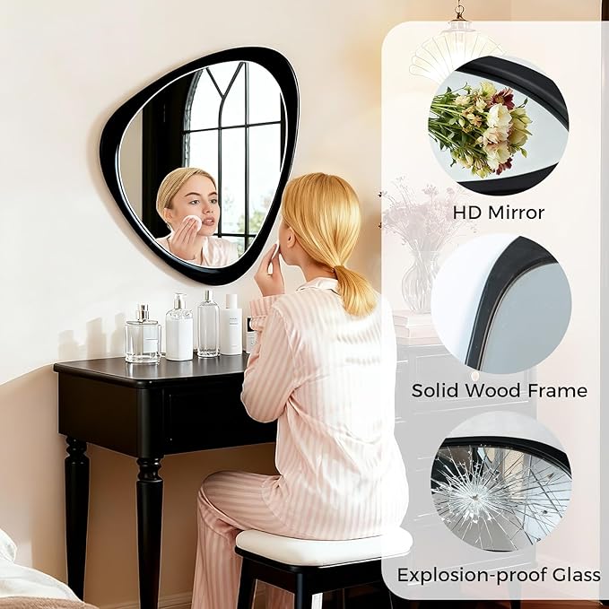 Asymmetrical Mirror, 24"x19" Unique Irregular Wall Mirror, Wood Mid Century Modern Mirror Decor for Bathroom Bedroom Living Room Entryway Hallway (Black)