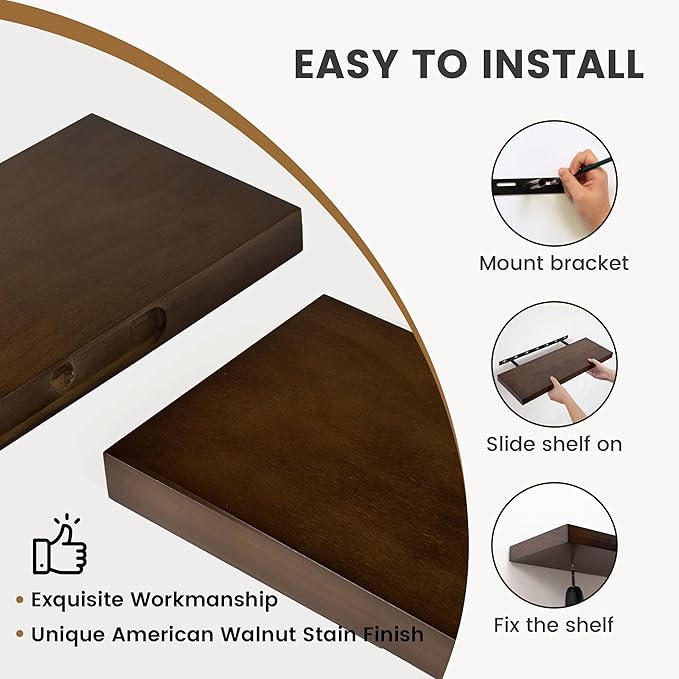 Fun Memories Farmhouse Floating Shelves - 8 Inch Deep Rustic Wood Wall Shelf - Premium Solid Wood Storage Shelf for Kitchen Living Room Bedroom - 24" W x 8" D - Set of 2 - American Walnut Color