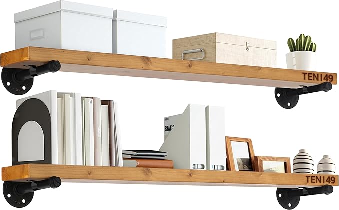 TEN49 Industrial Pipe Wood Wall Shelf - 36" Real Wooden Shelving w/Special Walnut Color - Modern Interior Decor Floating Shelves w/Iron Pipe Brackets - Rustic Farmhouse Style Bookshelf - Set of 2