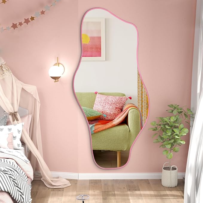 Large Irregular Mirror, 63"x30" Pink Asymmetrical Tempered Glass Mirror Full Length, Organic Frameless Wall Mirrors for Entryway Hallway Bedroom Living Room, Horizontal or Vertical Hanging