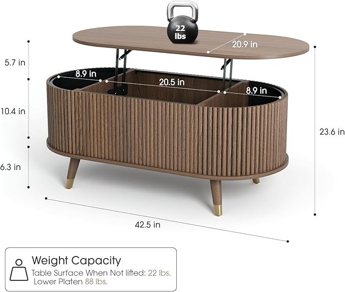 42.5" Oval Lift Top Coffee Table with Storage, Mid Century Modern Walnut Center Table with Fluted Design, Solid Wood Legs & Hidden Compartment, Pop Up Cocktail Table for Living Room