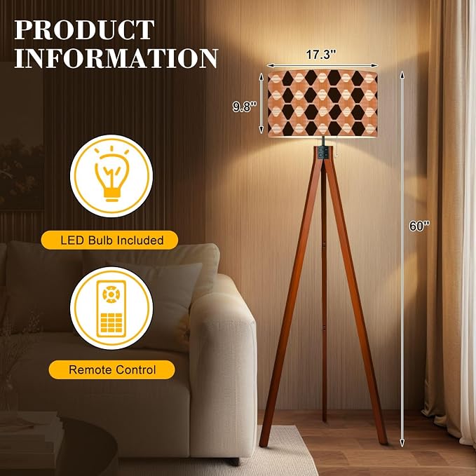 Wood Tripod Floor Lamp Retro seamless pastel brown white elongated diamonds mid century Mid Century Standing Lamp Linen Shade Dimmable Modern Tall lamp Home Decor for Living Room Bedroom Office