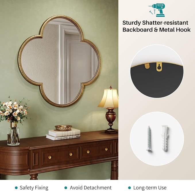 Vintage Wall Mirror Decor - 31.5" Large Antique Retro Gold Four-Leaf Clover Mirror with Rope-Like Frame, Wall Decorative Mirrors for Living Room, Bedroom, Fireplace, Bathroom