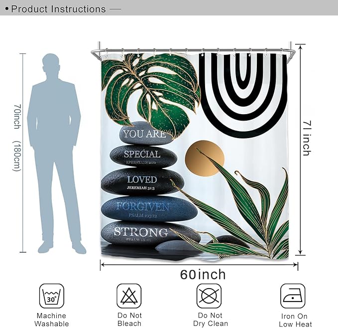 Miyotaa Abstract Zen Spa Shower Curtain Set 60Wx71H Inches Minimalist Bible Meditation Modern Aesthetic Contemporary Green Plant Leaves Monstera Neutral Waterproof Bathroom Curtain 12 Hooks