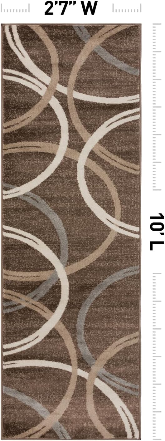 Rugshop Modern Wavy Circles Design Runner Rug, Non-Shedding Carpet for Hallway, Entryway, or Kitchen, Brown, 2'7" x 10'