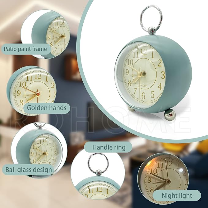 Rohome Vintage Small Alarm Clock with Night Light, Blue, Silent Quartz Movement, Non-Ticking, Decorative, for Bedside Table, Desk, Kitchen, Bedroom, Shelf, Nightstand, Wall Hanging (Blue)