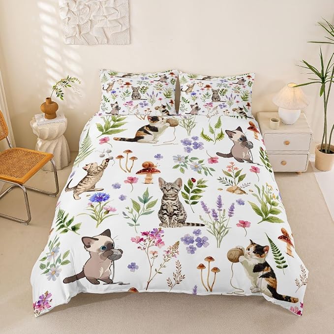 Erosebridal Cute Cat Bedding Set King Kitten Cat Lovers Duvet Cover Nature Watercolor Florals Comforter Cover for Kids Girls Boys Adults Pet Animals Bed Set