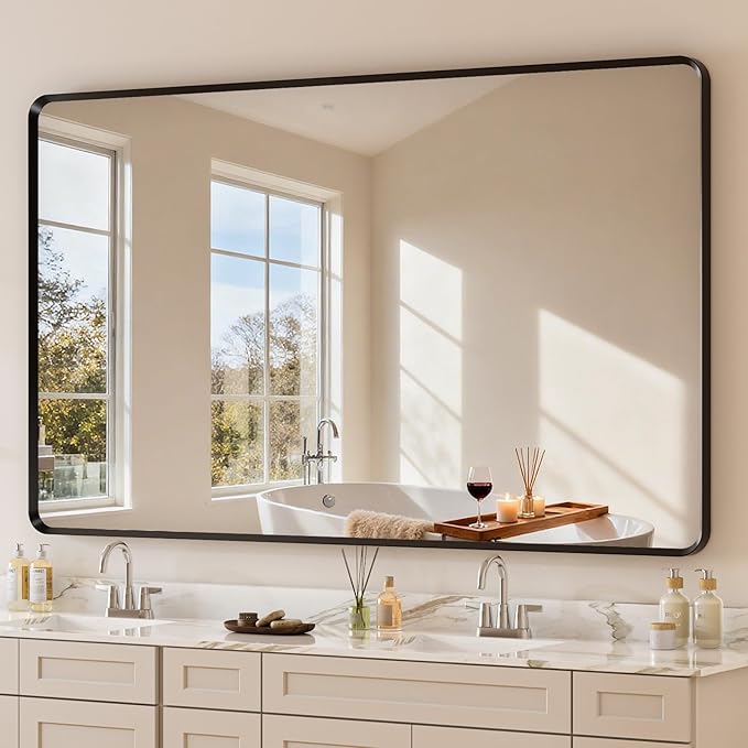60x36 inch Black Bathroom Vanity Mirror, Large Rectangle Metal Aluminum Frame, Shatter-Proof, Horizontal or Vertical Hanging, Modern Bathroom Decor