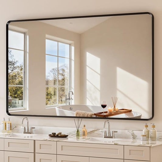 60x36 inch Black Bathroom Vanity Mirror, Large Rectangle Metal Aluminum Frame, Shatter-Proof, Horizontal or Vertical Hanging, Modern Bathroom Decor