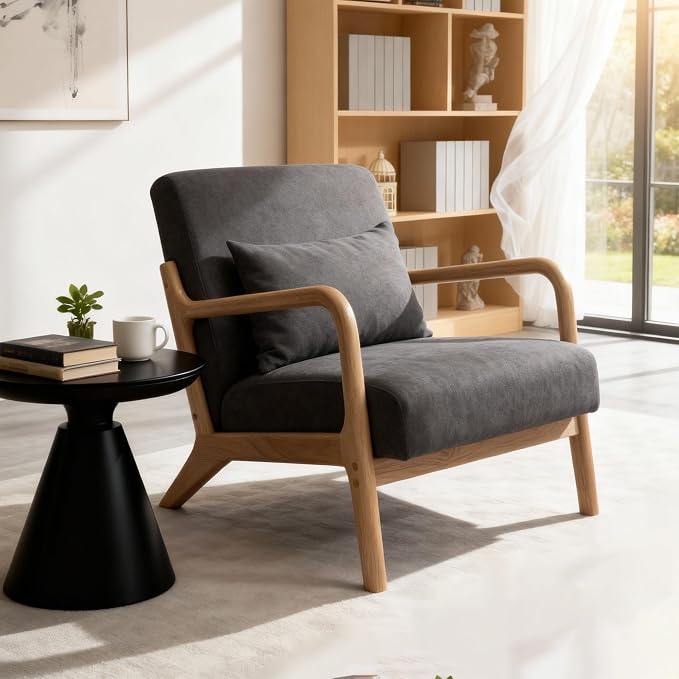 Mid Century Modern Accent Chair with Wood Frame and Linen Fabric Upholstery, Comfortable Lounge Armchair with Pillow, Wooden Accent Chair for Living Room, Bedroom, or Reading Corner
