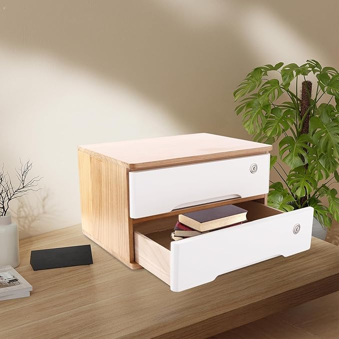 Desktop File Organizer with Lock, 2/3/4 Tier Multi-Drawer Wooden Storage Cabinet, Office Supply Organizer for Home Desk, Study & Workplace (Natural + White, 2 Layers)