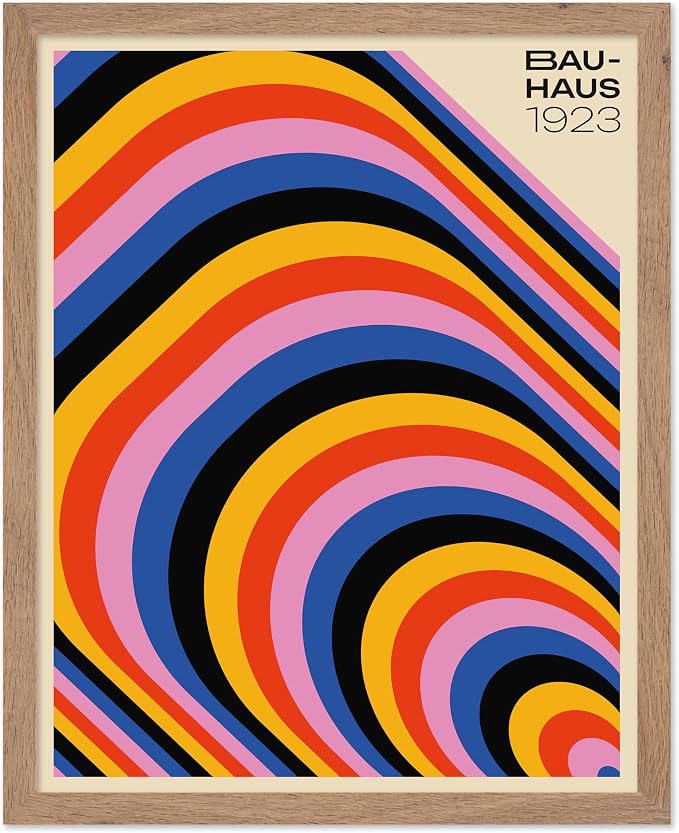 Poster Master Bauhaus Poster - Psychedelic Stripes Print - Abstract Art - Geometric Art - Graphic Design Art - Chic Boho Art - Mid Century Modern Art - Living Room Wall Decor - 16x20 Beige Framed