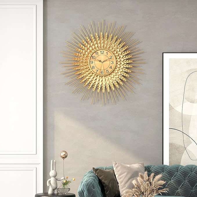 Large Mid Century Gold Wall Clock Decorative Modern Sunburst Wall Clocks, Metal Big Silent Non-Ticking Clock, Luxury Home Gift Decor for Living Room, Bedroom, Dining Room, 24 inch