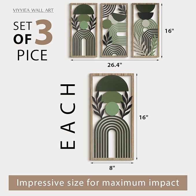 VIYYIEA Boho Solid Wood Carved Wall Art Set of 3, Geometric Minimalist Wooden Home Decor Panels, Handcrafted Solid Wood Wall Hanging for Living Room Bedroom Hallway, 16 x 8 Inch Each (Boho Green)