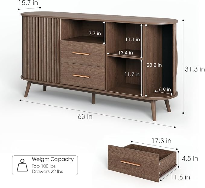 63" Sideboard Buffet Cabinet with Sliding Tambour Doors, Mid-Century Modern Accent Cabinet with Drawers & Solid Wood Legs, Fluted Storage Cabinet for Living Room, Dining Room, Walnut