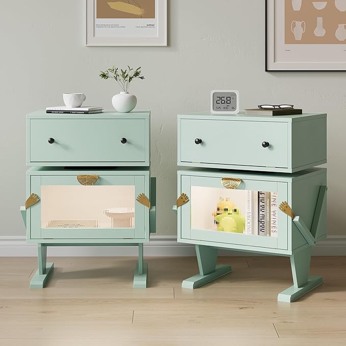 RoyalCraft Large Nightstand Set of 2 with LED Lights, Green End Table with 360°Rotating Drawer, Modern Bedside Table with Storage, Wood Night Stand for Bedroom, Home Office, Green
