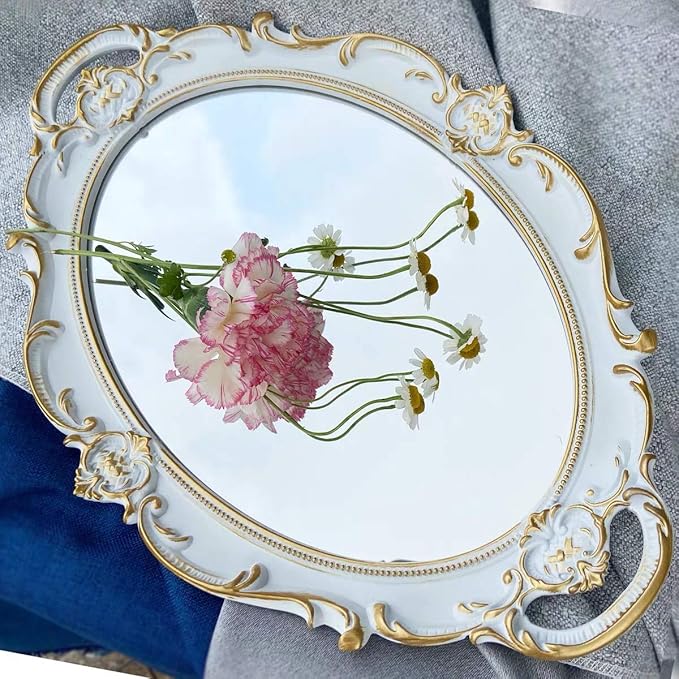 Oval Vintage Decorative Mirror Tray, Jewelry Cosmetics Makeup Dresser Storage Organizer Tray, Serving Tray (9.8”x 14.6”) White