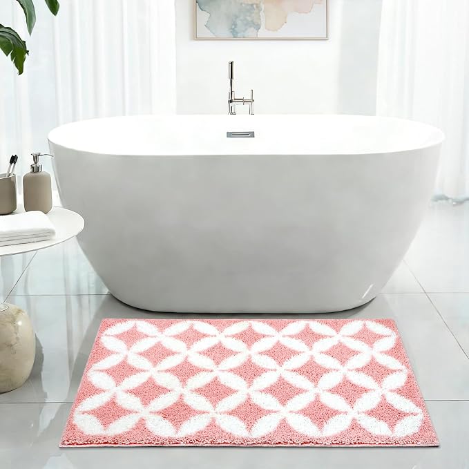 Civkor Pink and White Bathroom Rug Non Slip Washable, Cute Bath Mat for Bathroom with TPR Backing, Quick Dry Fluffy Microfiber Piles, Super Water Absorbent Thin Bath Rug Fit Under Door, 31x20Inch