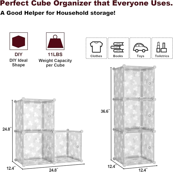 C&AHOME Cube Storage Organizer with Doors, 3-Cube Shelves, DIY Plastic Modular Bookshelf, Closet Clothes Storage Shelving Ideal for Bedroom, Living Room, Clover Embossed, White