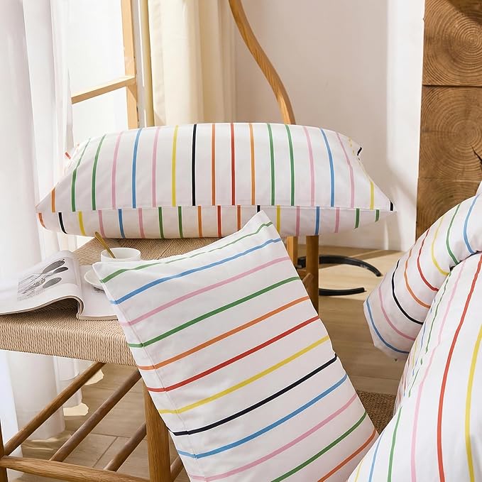Merryword Rainbow Striped Duvet Cover Set King Size, 100% Cotton Bedding Set with Zipper Closure & 8 Corner Ties, Luxury Linen Like Bedding, Soft Breathable Comforter Cover for All Seasons