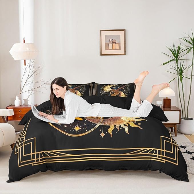 Erosebridal Boho Guitar Bedding Set King for Adults - Luxury Bohemia Sun Moon Duvet Cover Mystical Celestial Star Sky Comforter Cover,Romantic Music Guitar Bed Set