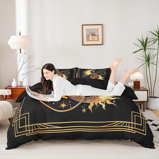 Erosebridal Boho Guitar Bedding Set King for Adults - Luxury Bohemia Sun Moon Duvet Cover Mystical Celestial Star Sky Comforter Cover,Romantic Music Guitar Bed Set