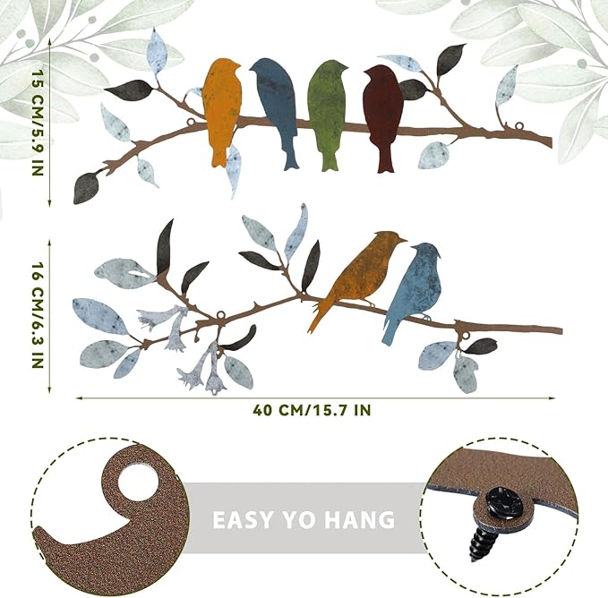 Demissle 2 Pcs Metal Birds Wall Art Decor Vivid Birds on Branch with Leaves Rustic Wall Decor Waterproof Metal Sculpture Hanging Sign for Home Balcony Garden Indoor Outdoor(Stylish Colors)