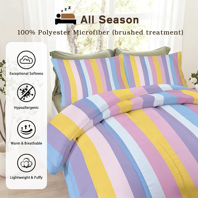 Rainbow Stripe Twin Size Comforter Sets 2 Piece, Colorful Stripes Printed Pattern, Soft All Season Bed Comforter & 1 Pillow Sham, Kids Striped Bedroom Decor Reversible Bedding D-GM12