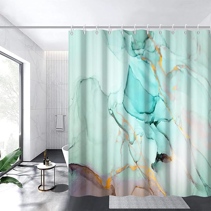 Turquoise Shower Curtain, Modern Teal Marble Shower Curtain for Bathroom Aesthetic Ink Texture Waterproof Shower Curtain Set with Hooks, 72x96 Inch