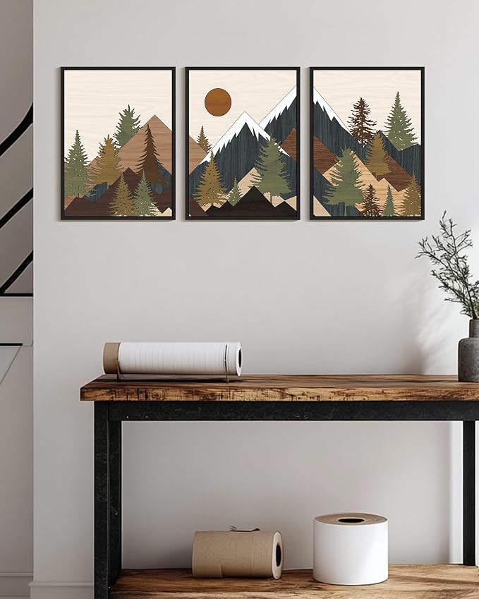KUVIOKE Morden Mountains Framed Wall Art Boho Pine Tree Forest Nature Landscape Artwork Bohemain Farmhouse Rustic Bedroom Living Room Decor 12x16in (Black Framed)