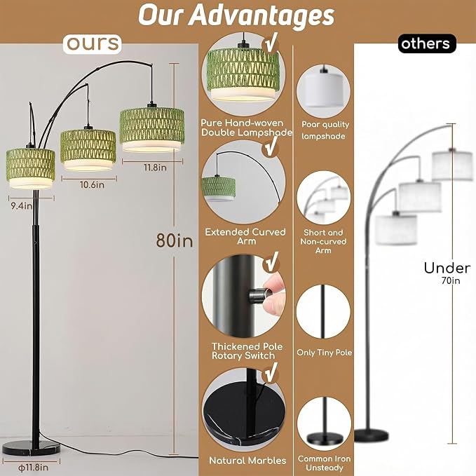 Rattan Floor Lamp for Living Room, 80 Inch Tall Boho Floor Lamp with Rotary Switch, 3 Lights Arc Lamp with Green Wicker Shade for Coastal,Bohemian,Tree Farmhouse Standing Lamp