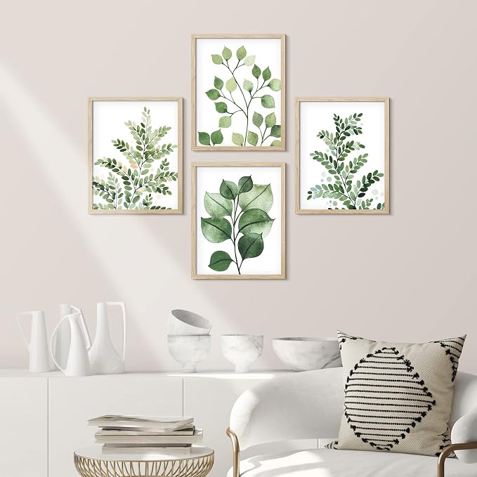 SIGNWIN Framed Green Pastel Forest Fern Leaf Wall Art, Set of 4 Collage Nature Garden Wall Decor Prints, Nature Wilderness Wall Décor for Living Room, Bedroom - 8"x10" Natural