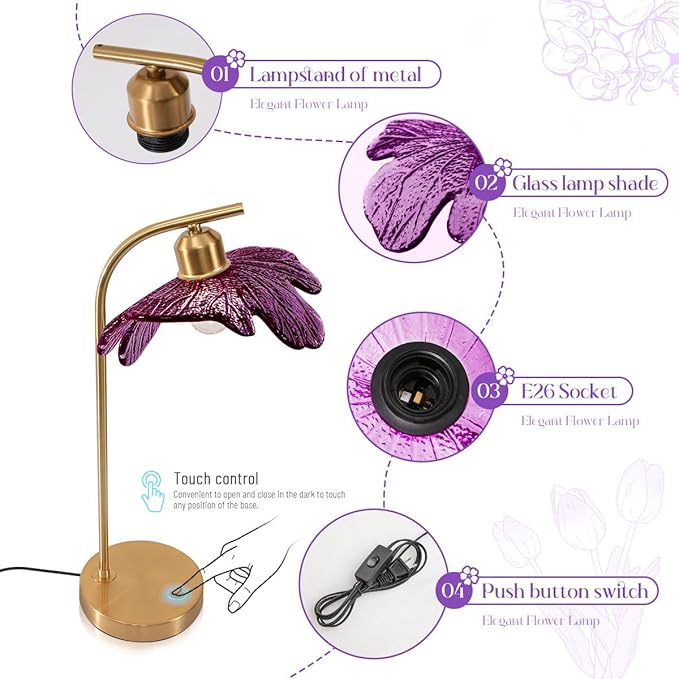 Purple Glass Table Lamps, Flower Shade Design & Touch Metal Base, Mid Century Table Lamp Gold Nightstand Desk Lamp Vintage Small Table lamp for Girl's Room Bedside Bedroom Living Room