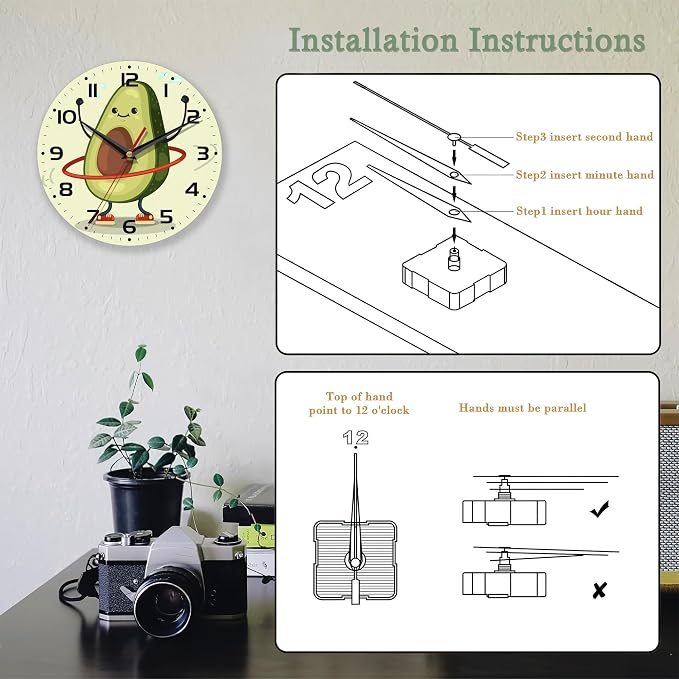 Wall Clock for Bathroom,Cute Avocado Wall Clocks Silent Non-Ticking Battery Operated Clock 10 Inch,Wall Clocks Decorative for Living Room,Kitchen,Office