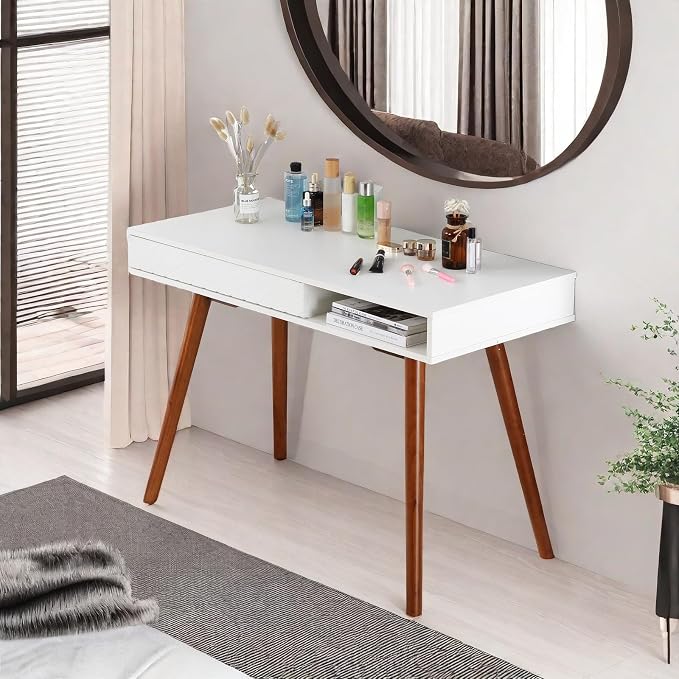 GarveeHome 42 in Mid Century Home Office Writing Desk, Modern Simple Computer Desk with Drawer and Open Storage Cubby, Small Vanity Table Desk for Bedroom, White
