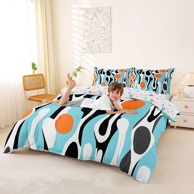Erosebridal Organic Abstract Duvet Cover Set Modern Contemporary Queen Bedding Set for Little Boys Boho Mid Century Wavy Lines Comforter Cover Retro Geometric Bed Sets,Turquoise Orange