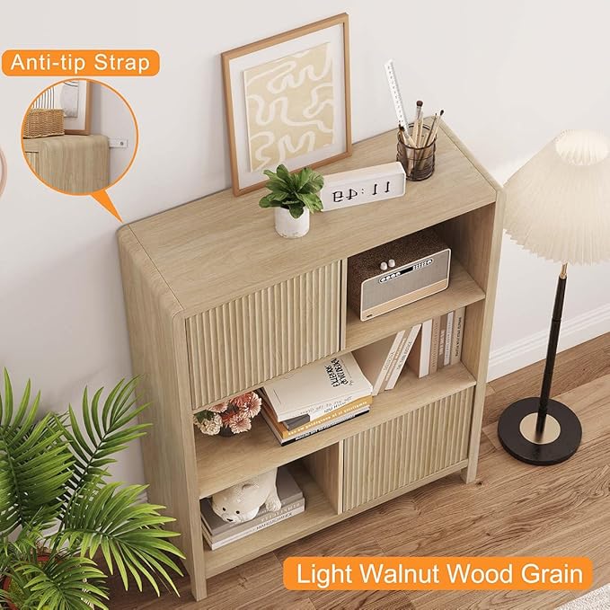 FATORRI Cube Bookshelf with 2 Doors, Wood Bookcase with Storage, Modern 5 Cubby Book Shelf for Home Office Living Room (Light Walnut)