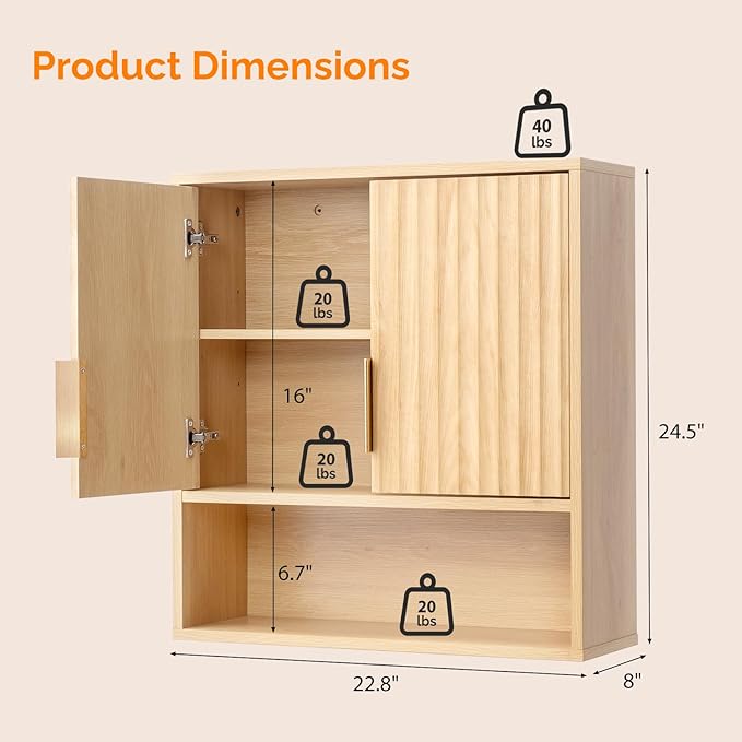 VINGLI Fluted Modern Medicine Cabinet,Bathroom Wall Cabinet Over Toilet Storage, Upper Floating Countertop Storage for Bathroom, Laundry Room,Small Hanging Kitchen Wall Cabinets (Natural Oak Color)