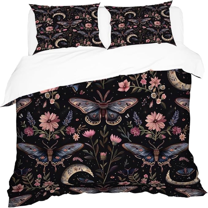 Dark Botanical Butterfly Duvet Covers King Size Fantasy Butterflies Fairy Monarch Inspiration Animal Dreamlike Night Garden Theme Comforter Cover 3 Piece Duvet Cover+2 Pillowcases 104"x88"