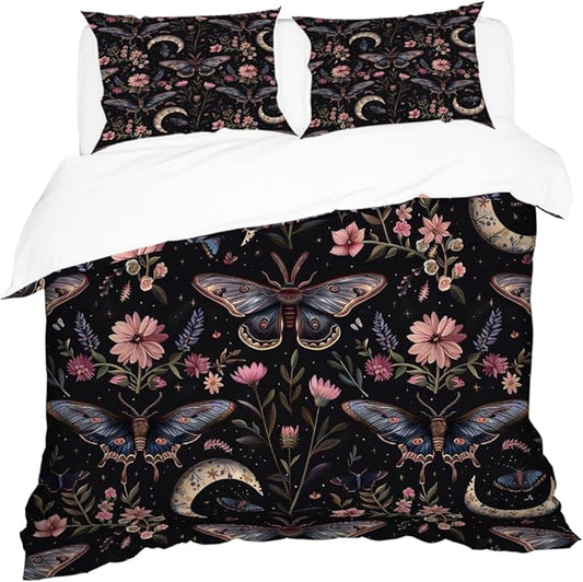 Dark Botanical Butterfly Duvet Covers King Size Fantasy Butterflies Fairy Monarch Inspiration Animal Dreamlike Night Garden Theme Comforter Cover 3 Piece Duvet Cover+2 Pillowcases 104"x88"