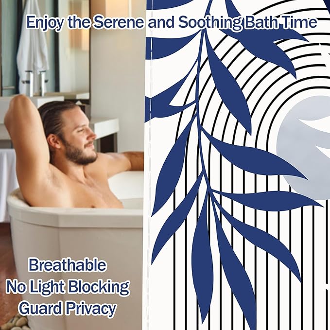 Navy Blue Shower Curtain Boho Mid Century Modern Blue and White Shower Curtain for Bathroom Decor Sets, Waterproof Fabric with Hooks, 70" W x 72" L