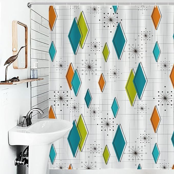 Mid Century Modern Shower Curtain,Abstract Atomic Starburst Geometric Diamond Pattern Shower Curtains Set for Bathroom Fabric Decorative Bath Curtain Washable Curtain Hooks, 72x72 in
