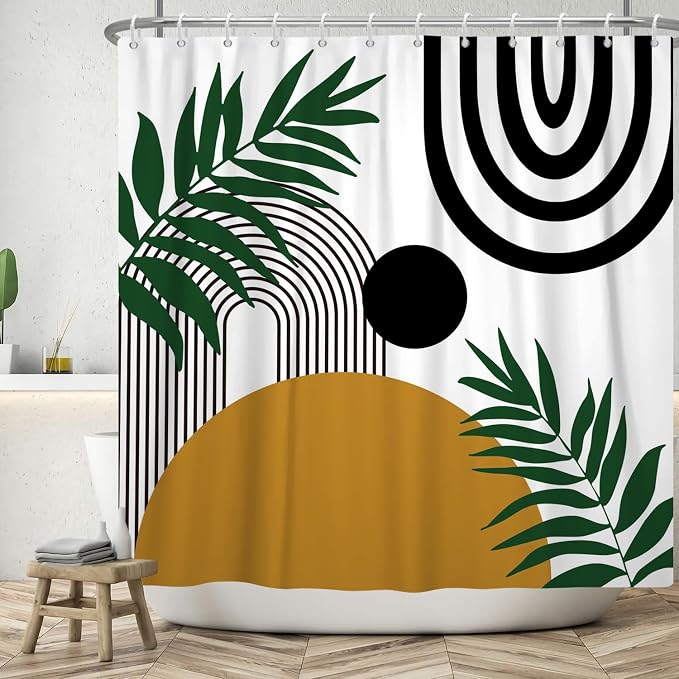 Boho Mid Century Shower Curtain Bohemian Abstract Modern Sun Bathroom Curtain Geometric Arch Curve Leaves Polyester Shower Curtain Sets for Bathroom Extra Long 60x72 in with 10 Hooks